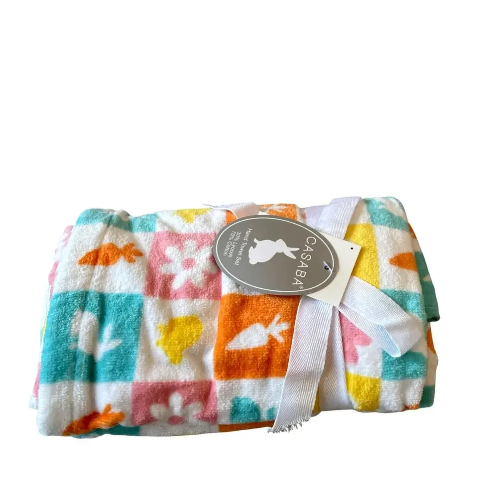 Set of 2 Casaba Easter Bath Hand Towels Multicolor Bunnies Carrots Chicks NEW